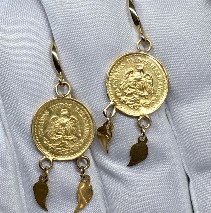 14K gold earrings with 2.5 Pesos coins. Nobel Antique Jewelry Santa Monica.